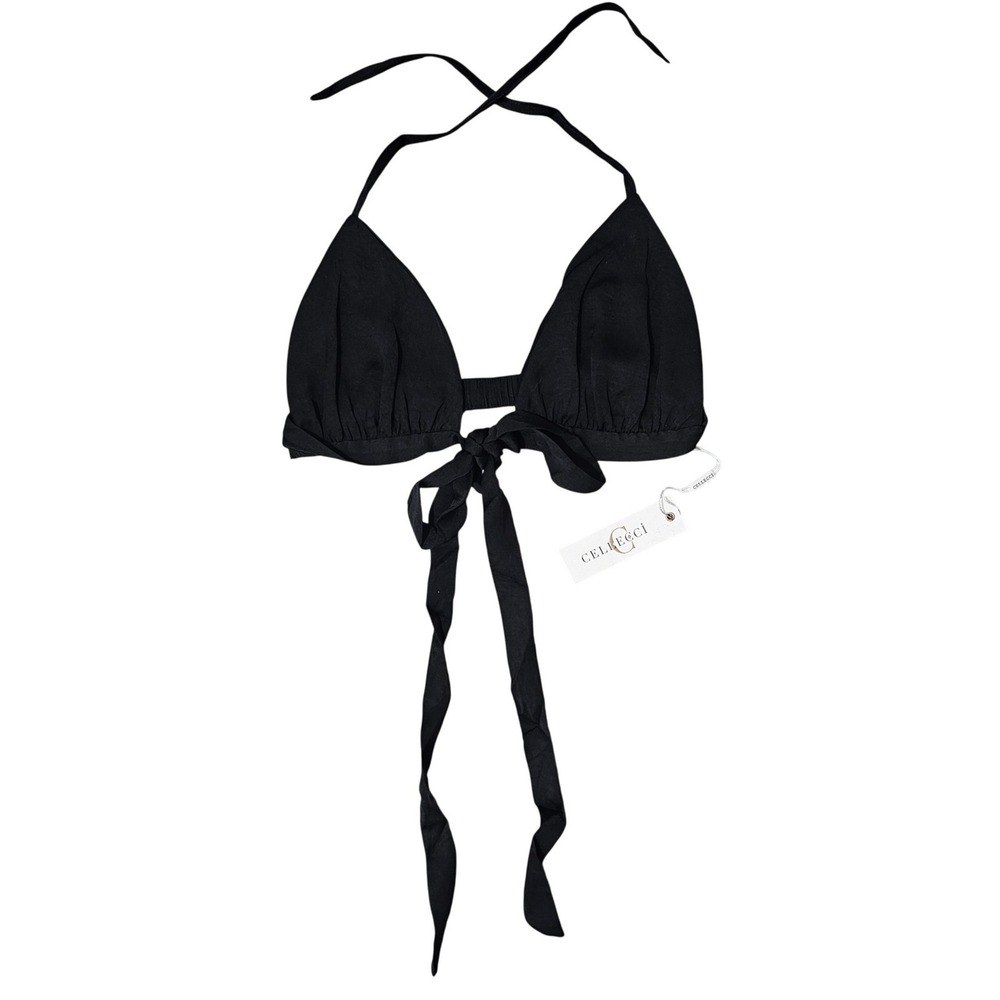 Cellecci Black Triangle Bikini Top Ruched Tie Front Halter Swim Small NWT‎